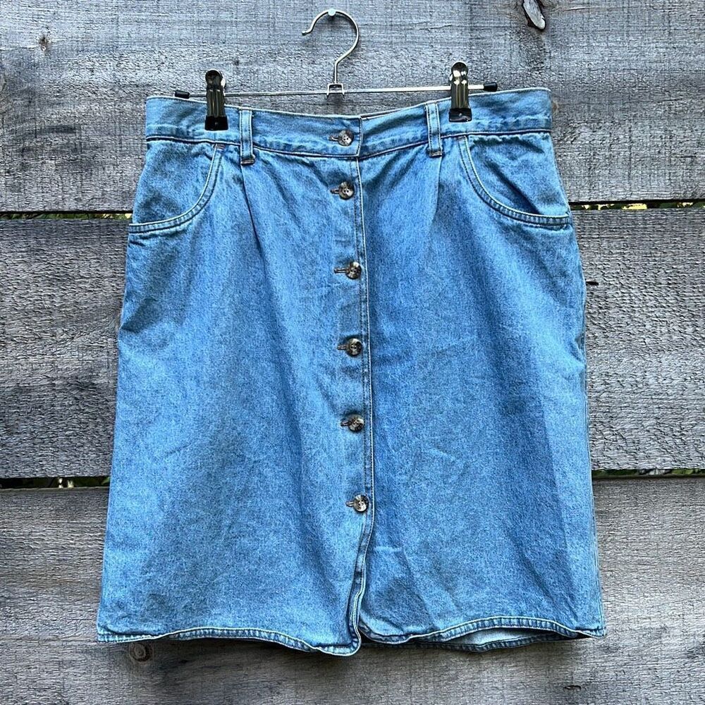 Faded Glory Women's Blue Cotton Pleated Button Down Denim A-Line Skirt